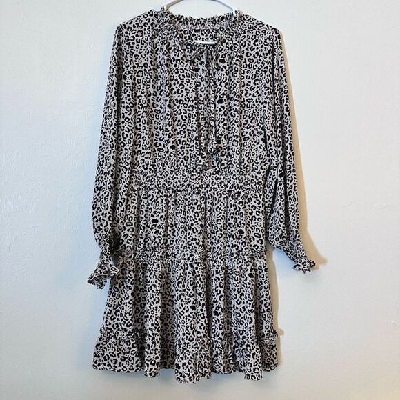 Max Studio Leopard Tie Neck Shirred Cuff Ruffle Hem Dress Multicolor Large - Picture 1 of 3